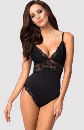 Sort bodystocking fra Obsessive. Med blonder på midterstykket og udskæringer. Med brystskåle.
