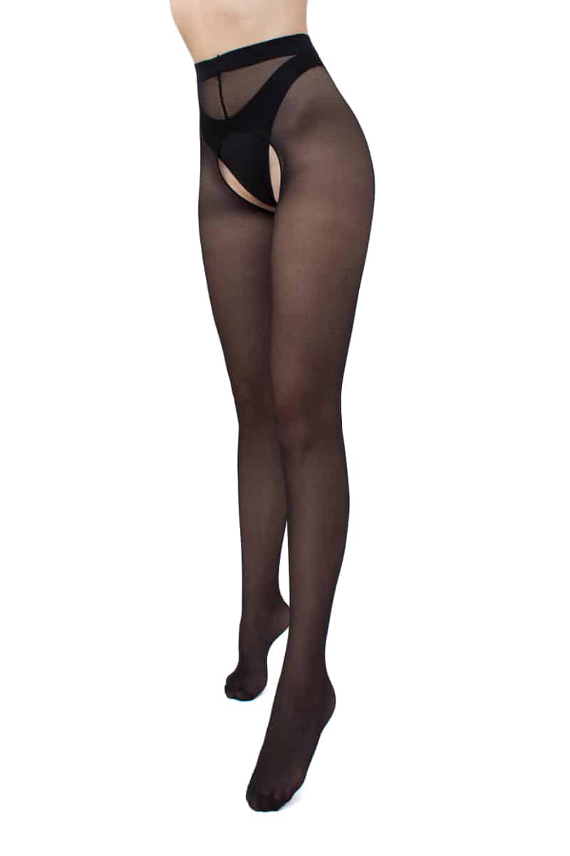 Bundløse strømpebukser i sort nylon med bred kant i taljen.