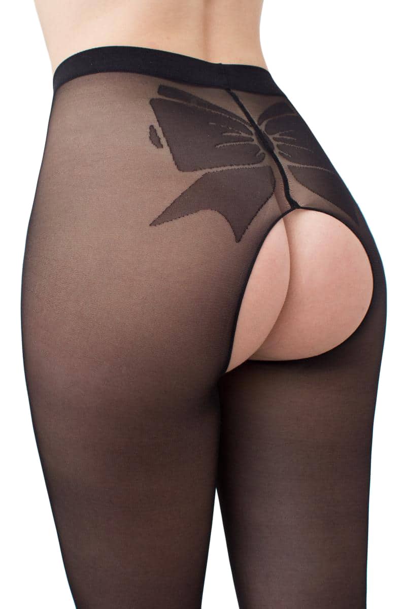 Bundløse strømpebukser i sort nylon med smuk sløjfe printete på bagsiden.