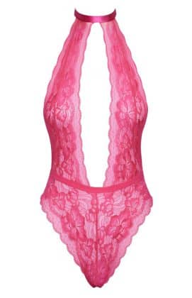 Forførende pink bodystocking med blonder og bar ryg med bindebånd