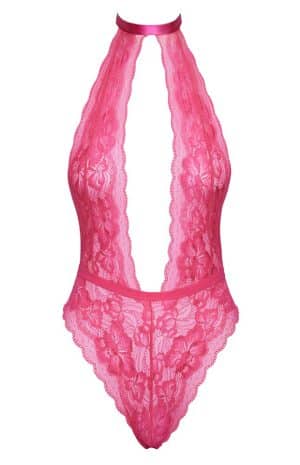 Forførende pink bodystocking med blonder og bar ryg med bindebånd
