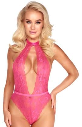 Bodystocking i pink med blonder med dyb udskæring. Af mærket Kissable.