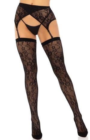 Leg Avenue sorte hulmønstrede strømper med blonde-look og hofteholder