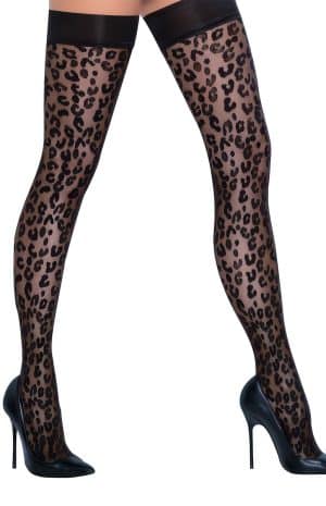 Cottelli selvsiddende strømper i transparent sort med leopardprint